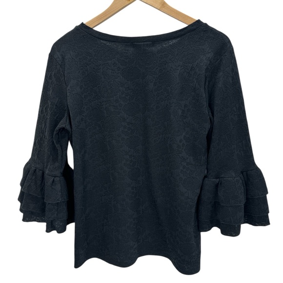 Jade Mackenzie Black Floral Textured Ruffle Bell Sleeve Blouse Modest Feminine L - Picture 2 of 7